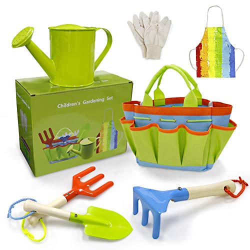 QINGFANGLI Kids Gardening Tool Set, 7pcs Garden Tools for Kids, Shovels, Watering Can, Gloves, Outdoor Beach Toys for Boys and Girls