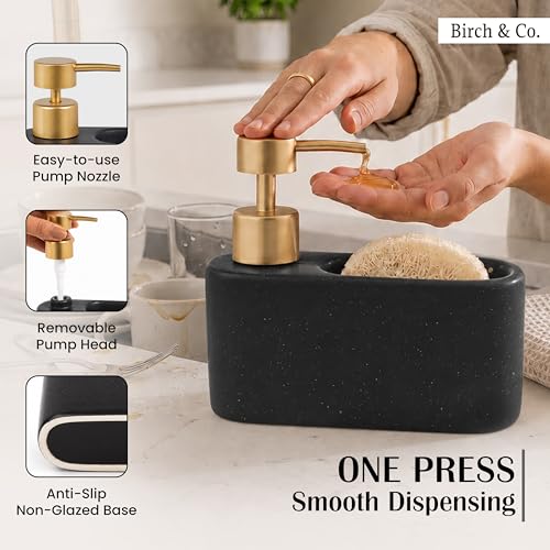Image of Birch & Co. Kitchen Sink Caddy with 350ml Soap Dispenser, Sponge Holder & Scrubber Storage, Premium Ceramic Dish Soap Dispenser for Kitchen Countertop, Anti-Slip Base, BlackSpeckle