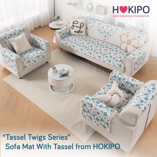 Image of HOKIPO Cerulean Bloom Quilted Sofa Cover Mat for 3 Seater Sofa with Tassels 'Tassel Twigs' Series (IN-985-T6)