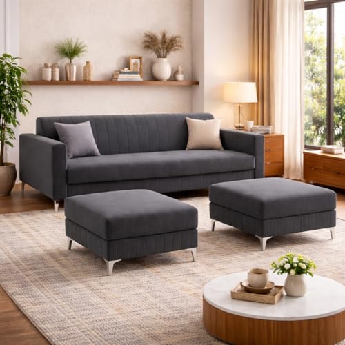 Image of Amelia 5 Seater L Shape Sofa Set with 2 Movable Ottomans | Flexible Layout | Rich Velvet Suede Fabric | Silver Legs | Spacious Seating | Modern Sofa for Living Room (Dark Grey)