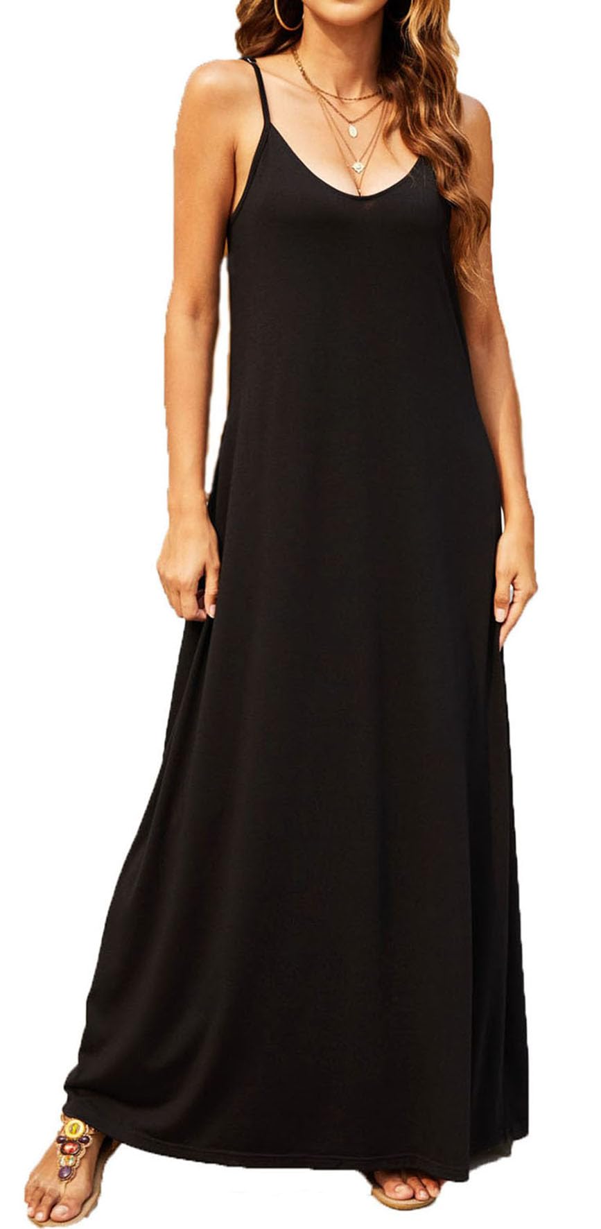 Supnier Women's Summer Maxi Dress Casual V-Neck Sleeveless Bohemian Spaghetti Strap Floral Long Maxi Dress with Pockets