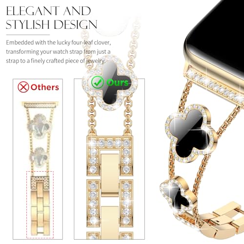 CTYBB Bling Diamond Band Compatible with Apple Watch Bands for Women 40mm 41mm 38mm 42mm Series 11 10 9 8 7 6 5 4 SE 3 2 1, Sparkle Metal Bracelet Wristband, Cute Lucky Clover Dressy iWatch Band,Gold/Black - Image 4