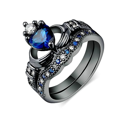 OIDEA Anillo de Diamantes para Mujer, Anillo de Compromiso con Corona en Forma de Corazón, Muestra de Amor, Anillo de Circonita Cúbica Azul, Regalo de San Valentín