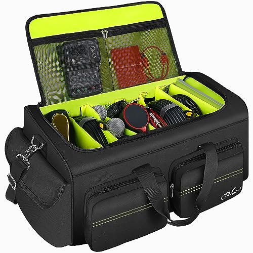 SNIGJAT DJ Bag with 8 Removable Dividers, Large Capacity DJ Cable Bag with 6 Pockets for Extension Cords, Mics, Pedals, Cable Bag for Musicians, DJ Equipment Gig Bag with Padded Shoulder Strap, Green