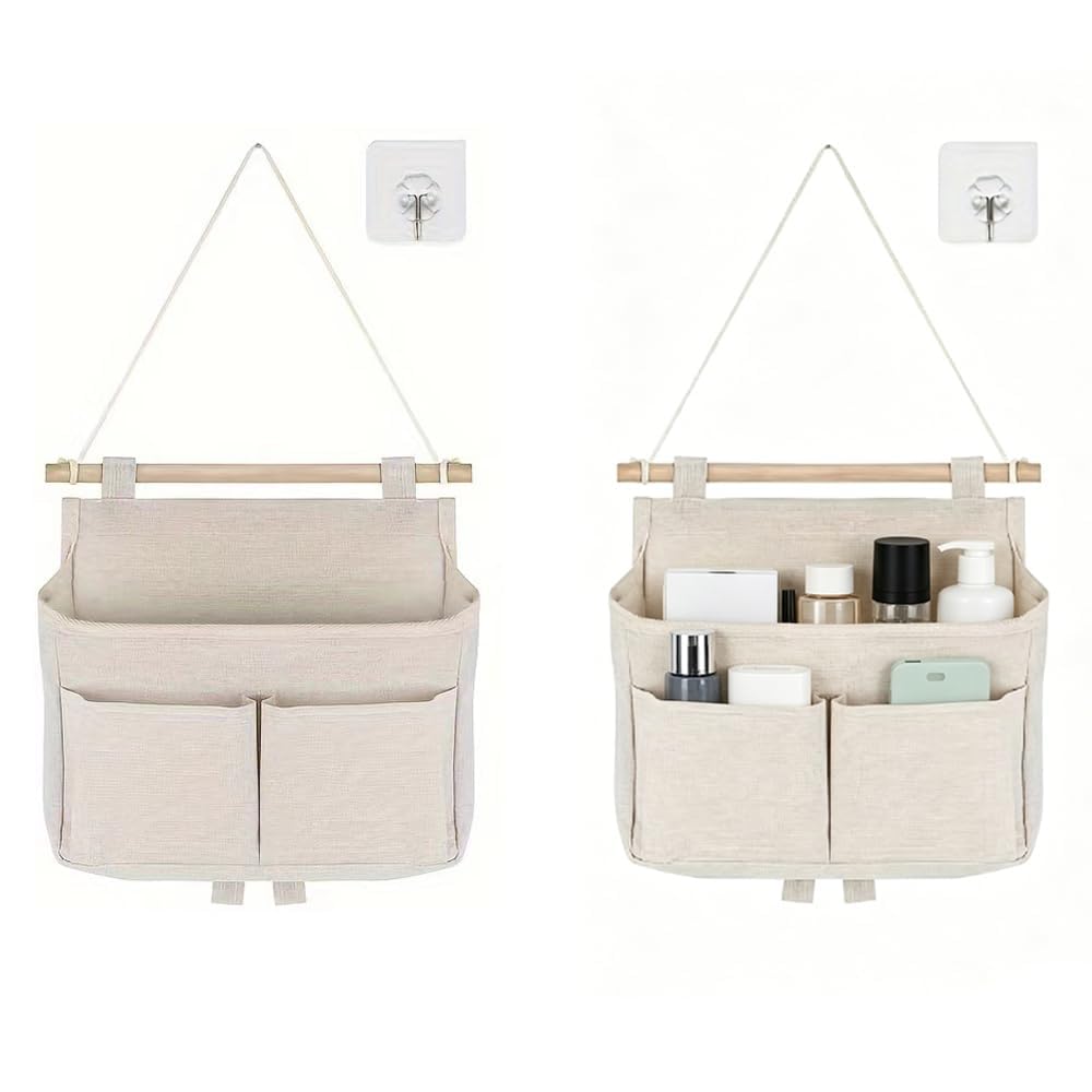 2 Pack Cotton Linen Bedside Hanging Storage Bag with Adhesive Hooks