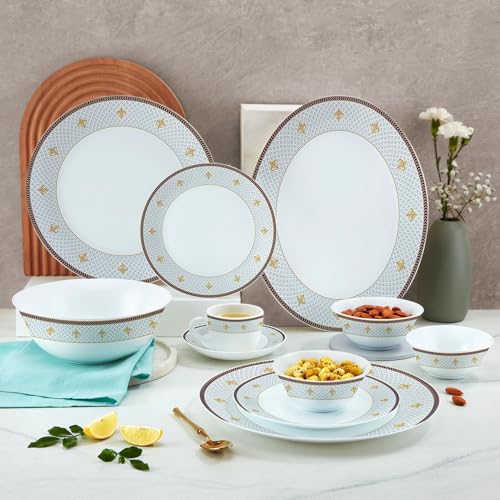 Image of Larah by Borosil Opalware Dinner Set Microwave & Dishwasher Safe | Bone-Ash Free | Crockery Set for Dining & Gifting | Plates & Bowls (Regalia Grace, 60pc)