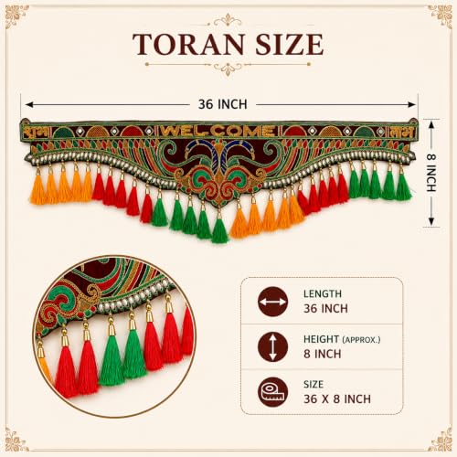 Image of ONESTA Welcome Shubh Labh Door Toran for Main Door | Traditional Handmade Decorative Bandarwal with Colorful Tassels & Embroidery | Door Hanging for Diwali Navratri Wedding Housewarming & Pooja Decor 3 Feet (Size 36 Inch Pack 01)