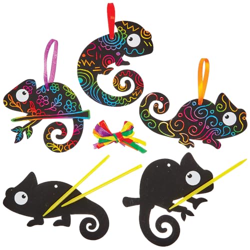 Baker Ross FN190 Chameleon Scratch Art Decoraciones - Pack de 10, Manualidades para niños, Dibujos infantiles para rascar