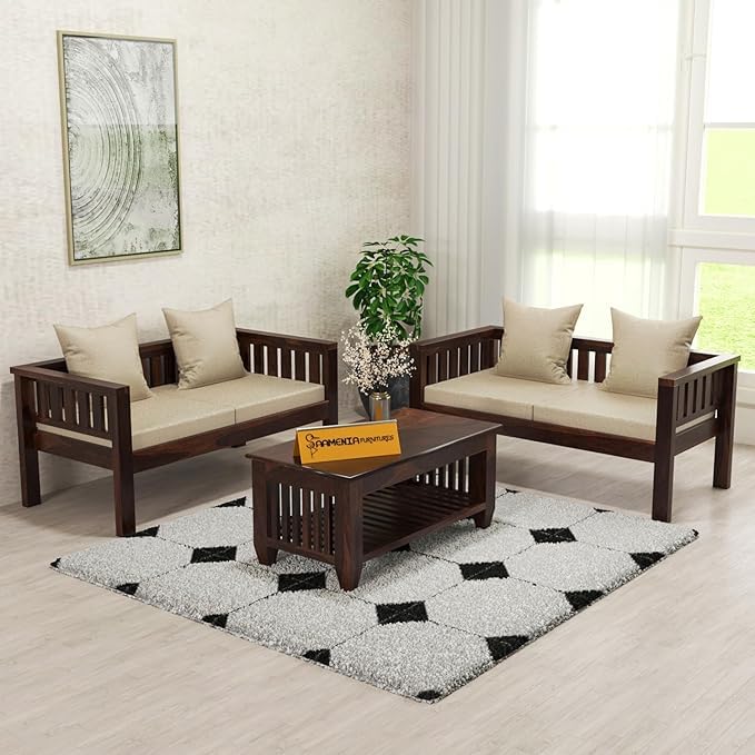 Image of KINGS HOME FURNITURE Sheesham Wooden 4 Seater Sofa for Living Room | Rosewood 4 Seater Cushion Sofa Low Height | Solid Wood Sofa Set for Lounge (2+2,Walnut)