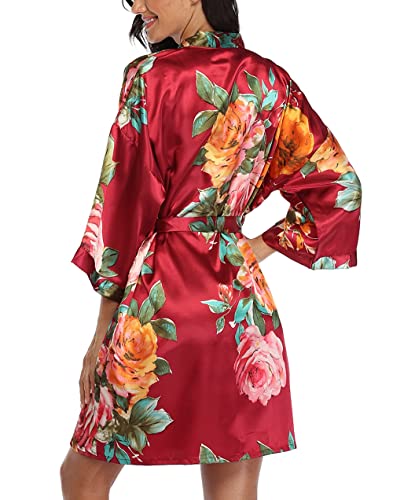 Image of VOGMATE Floral Silk Robes for Women Short Satin Kimono Bride Bridesmaid Robes Bathrobe