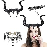 Tuofang 3Pcs Hörner Kopfschmuck Königin Horn Kopfbedeckung, mit Gotisch Halskette Armbänder Schmuck, Schwarz Kopfbedeckung Teufel Haarschmuck, für Fasching Cosplay Maskerade Halloween