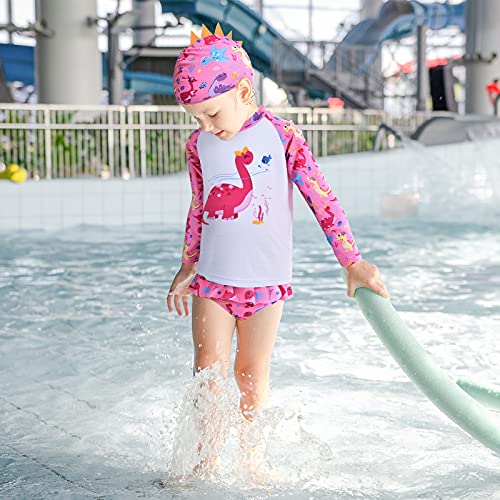 Baby Toddler Girls Swimsuit Set Dinosaur Swimming Rash Guard With Hat Two Pieces Trunk Long Sleeve Swimwear Set Printed Quick Dry Uv Protection Dino Beachwear Outfit (Pink, 2T) #TOP5