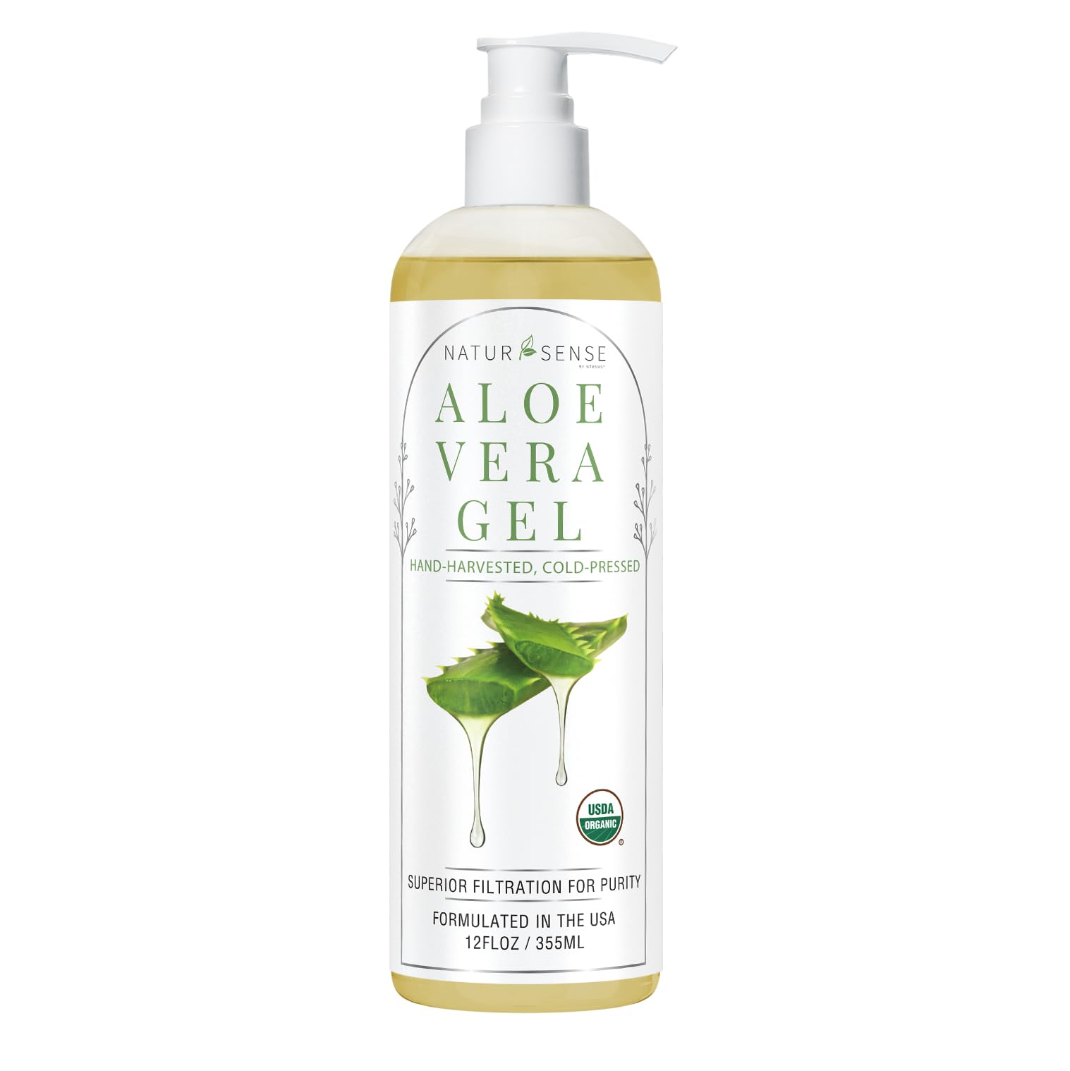 NaturSense Organic Aloe Vera Gel from 100% Pure Aloe. Great for Hair, Scalp, Face, Dry Skin, Acne, Winter Skin, Sunburn, Sensitive Skin. Unscented, USDA Certified, 12 oz.
