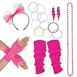 Wanmu 6 Stück 80er Jahre Kostüm Zubehör Set für Damen, Retro 90er Thema Party Outfit Accessoires, Stirnband, Armband, Blitz-Ohrringe, Fischernetz-Handschuhe, Halskette, Neon Beinwärmer (Rosenrot)