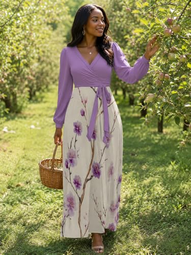 Image of PinkPatty Plus Size Dresses for Curvy Women V Neck Flowy Long Sleeves Wrap Maxi Dress Travel Vacation Outfits