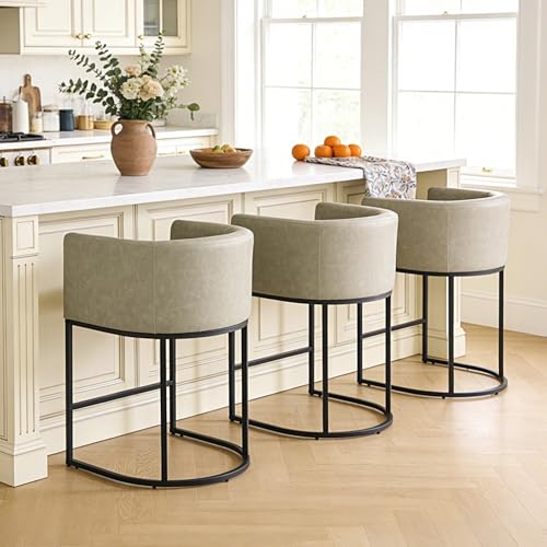 Image of 26 inch Counter Height Bar Stools Set of 3, Faux Leather Upholstered Barrel Chairs with Back and Arms, Metal Frame Kitchen Island Stools with Footrest, Stone Gray