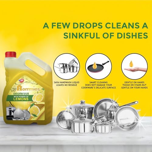 Image of Hommies Lemon Fragrance Dishwash Liquid Gel Refill Pack - 5 Litre | Ultra-Degreasing Formula for All Utensils | Kills Germs & Leaves No Residue | Gentle on Hands, Tough on Grease