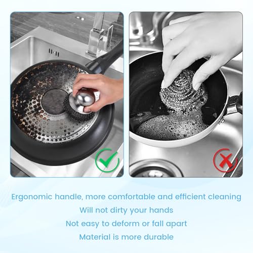 Image of 6Pcs Steel Wool Scrubber, Stainless Steel Scrubber with Handle for Cleaning Kitchen and Household Stubborn Messes from Stoves Pans Pots Grill Sink with Replacement Wire Brush Set (2 Pcs+4 Replacement)