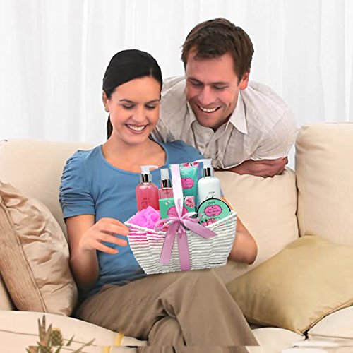 Mother's Day Home Spa Bath And Body Gift Set With Rose Garden Scent For Women - Spa Bath Kit & Bath Gift Basket Birthday Gift Includes Body Lotion, Bubble Bath, Body Scrub, Bath Puff, Bath Salt & Butter #TOP6