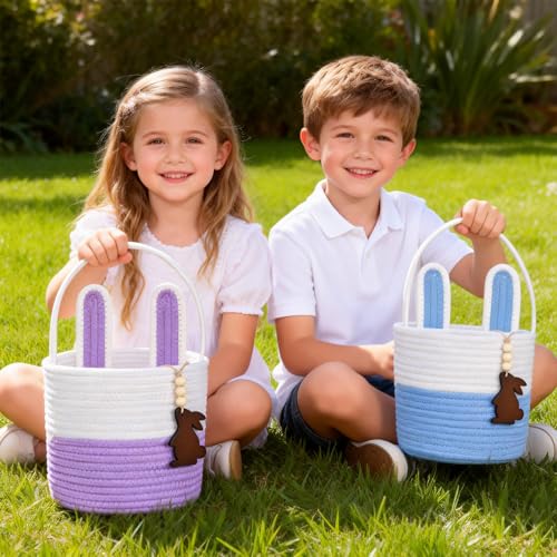 Image of Easter Basket Empty 2 PCS Bunny Woven Rope Easter Baskets for Kids Teens Easter Hunt Baskets with Handle Bags Easter Gifts for Kids Toddlers Girls Boys Teens Set of 2 Blue and Purple