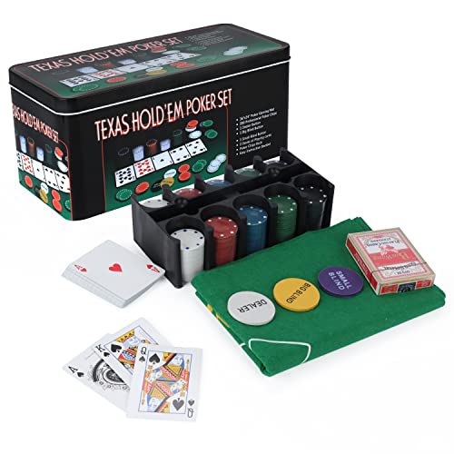 Il gioco include: il nostro set di giochi di poker professionale è tutto ciò di cui hai bisogno per il tuo prossimo gioco di poker o torneo. Completo di 200 fiches da poker, un tappetino da gioco reversibile su entrambi i lati, un rack per fiches da poker, 2 mazzi di carte da gioco laminati, 1 bottone del mazziere, 1 pulsante Big Blind, 1 piccolo pulsante cieco, è perfetto per tutti gli appassionati di poker.