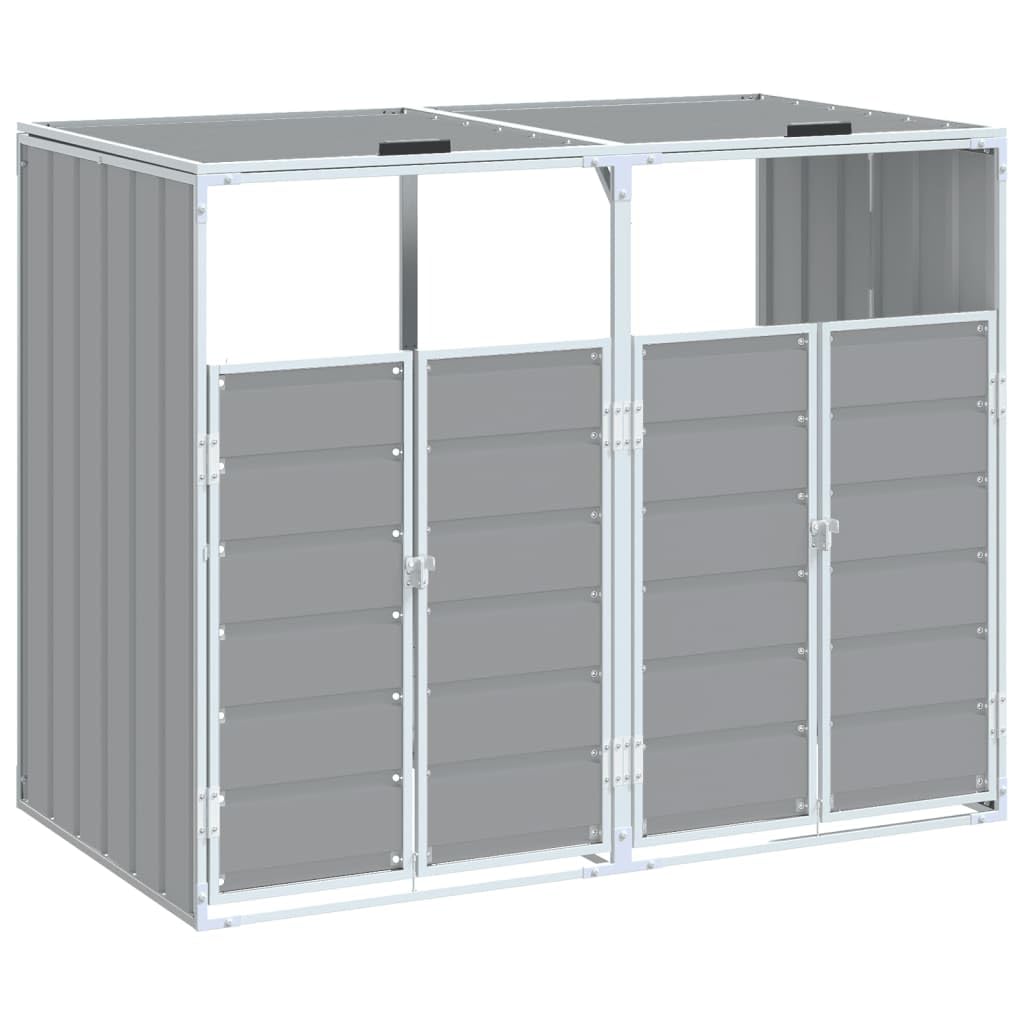 vidaXL Copribidone con Ruote per 2 Bidoni Grigio 144x81x113 cm Acciaio, copribidone singolo con ruote, copribidone da giardino, copertura per cassonetti