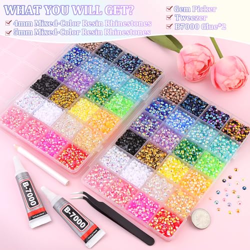Image of 2 Boxes Jelly Rhinestones for Bedazzling, 19200Pcs 4mm & 5mm Multicolor Flatback Resin Gems for Crafting, Bedazzler Kit with 2Pcs 10ml B7000 Jewelry Glue for DIY Crafts Book Fabric Decor Nail Art