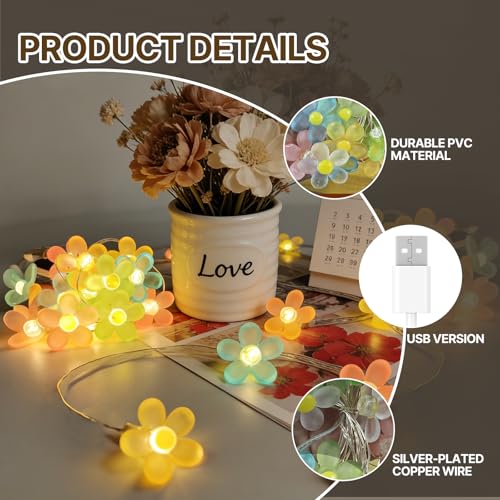 2m 20LED Lichterkette Blumen mit USB, LED Lichterkette Gänseblümchen, LED Micro Lichterkette, lichterketten für außen & innen, für Garten, Terrasse, Balkon, Bäume, Hochzeiten, Party Deko