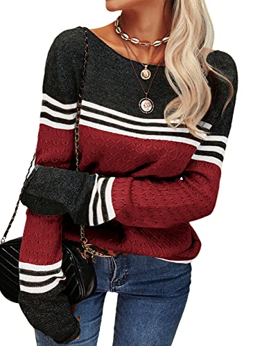 Image of Danedvi Womens Fall Fashion 2026 Sweaters Colorblock Lightweight Striped Crewneck Winter Trendy Pullover Tops
