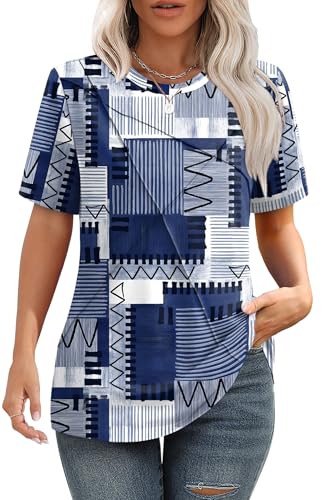 Image of XIEERDUO Womens Summer Tops 2026 Pleated Round Neck Short Sleeve Shirts Business Casual