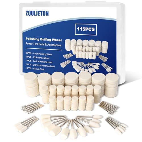 Zquljeton 115PCS Polishing Buffing Wheels for Dremel Tool Accessories 1/8 Shank Polishing Wheels for Dremel Polishing Kit | Professional Wool Restoration & Buffing Kit for Metal Jewelry Wood