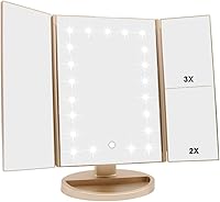 Vista 11 de Espejo de tocador iluminado plegable en tríptico con aumento 3x/2x, 21 luces LED y pantalla táctil, espejo cosmético de encimera con rotación libre