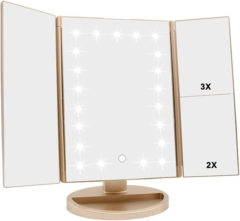 Espelho para maquiagem Flymiro com iluminação LED, aumento 3x/2x/1x, tela sensível ao toque e rotação de 180°, Gold