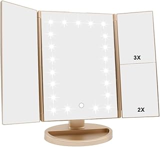 Tri-fold Lighted Vanity Makeup Mirror with 3x/2x/1x Magnification, 21Leds Light and Touch Screen,180 Degree Free Rotation Countertop Cosmetic Mirror,Travel Makeup Mirror (Gold)