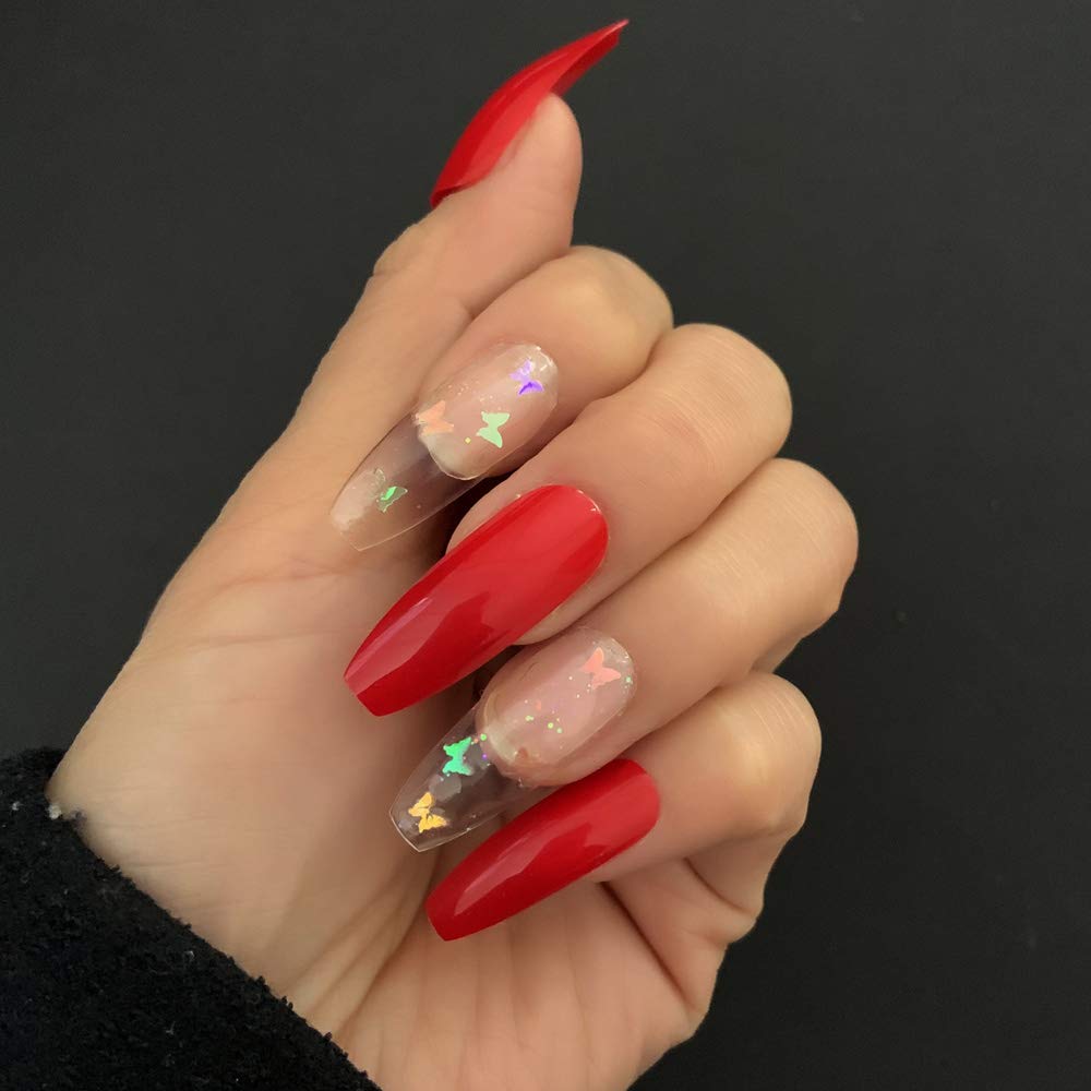 Buy Coolnail Extra Long Ballerina Clear Butterfly Glitter Glossy Red Press On False Nails French Coffin Uv Gel Jelly Glue Stick On Fake Fingersnails Extention Tool Online In Germany B08rj3x4km
