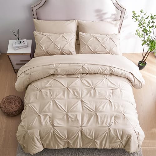Ubauba 7pc Beige King Size Comforter Set with Sheets, 7 Piece Pintuck Bed in a Bag Ivory Bed Set with Comforter, Off White Bedding Comforters & Sets (Cream, King)