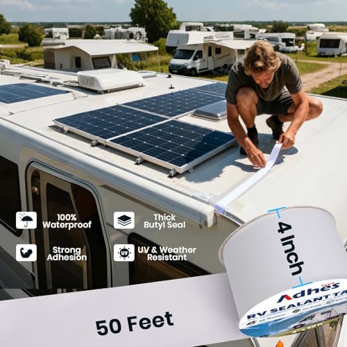 Image of ADHES White Butyl Sealant Tape 4 Inch x 50 FT | Single-Sided Waterproof RV Roof Repair Tape, Leak-Proof Sealant for Camper, Window, Skylight, and Roof Edge