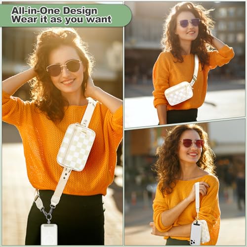 Image of YFWE Clip and Go Strap for Phone with Wallet Crossbody, Adjustable Phone Lanyard with Detachable RFID Wristlet Wallet, Phone Strap with Phone Tabs for All Phones, Cream Checkered (M)