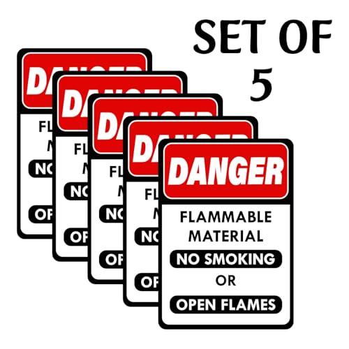 Image of CVANU Danger Flammable Material No Smoking or Open Flames Warning Safety Self-Adhesive Waterproof PVC Vinyl Sign Sticker Size (11.7inchX8.3inch) Pack of 5