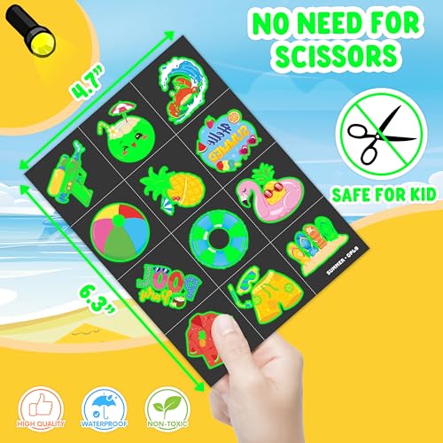 Image of 96 PCS Hello Summer Pre-Cut Luminous Glow in the dark Temporary Tattoos | Super Cute Themed Birthday Party Favors Supplies Decorations, Beach Pool Hawaiian Fake Tattoos Gifts for Boys Girls