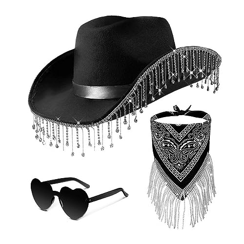 Dsgzkk Cowboy Hat,Fringed Cowboy Hat Scarf & Sunglasses Costume Set Western Cowgirl Hat Musical Festival Dress Up Black