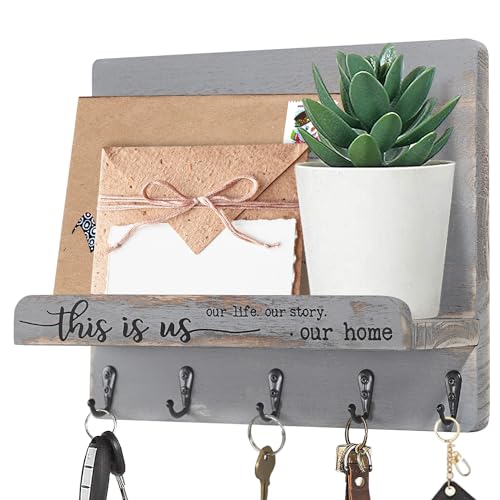 AOAOPQ Entryway Key Holder for Wall This is us Decorative Wall Mount Shelf Key Hanger Mail Storage Hat Rack Letter Bills Organizer with 5 Hooks Antique Grey