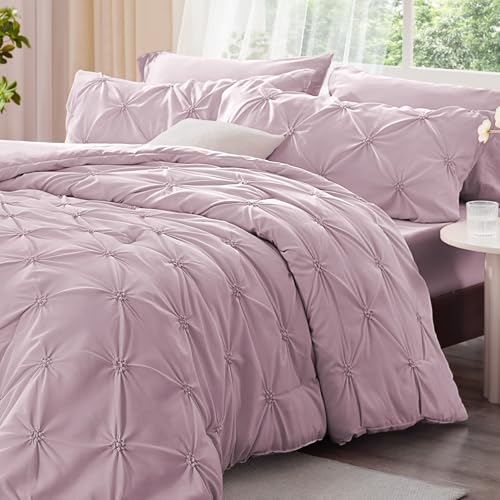 Image of BEDELITE King Comforter Set Light Purple,Lightweight & Soft Comforter | Pintuck Boho Bedding, Warm & Cute Bed Set for All Season,With 2 Pillowcases