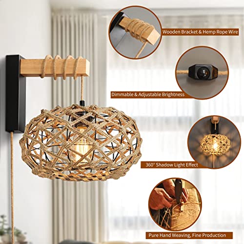 Plug In Wall Sconces Rattan Boho Decor Wall Sconce Set Of Two Woven Wicker Wall Lamp With Plug In Cord Dimmable Hanging Lamps That Plug Into Wall Outlet Rustic Wall Lamp Light For Bedroom Living Room #TOP2