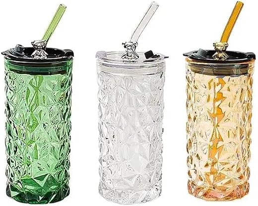 HELLYZ 350ml Bear Shape Glass Cup with Lid &amp; Straw – Transparent Cute Tumbler for Juice, Coffee, Milk, Tea, Cold Drinks – ...