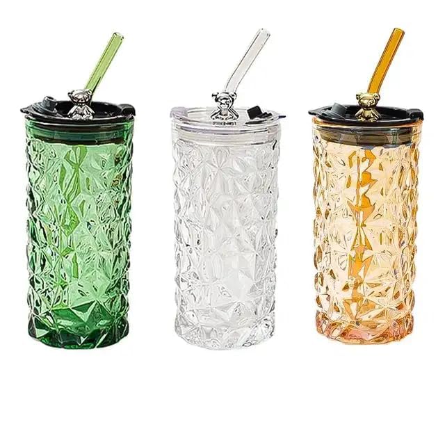 HELLYZ 350ml Bear Shape Glass Cup with Lid & Straw – Transparent Cute Tumbler for Juice, Coffee, Milk, Tea, Cold Drinks – ...