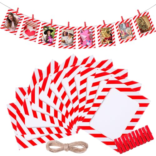 Janlaugh 100 Pcs Paper Photo Frames 4x6 Red and White Paper Picture Frame with 100 Clip 10 String Kit DIY Hanging Cardboard Photo Holder Christmas Wall Decor Wedding Home