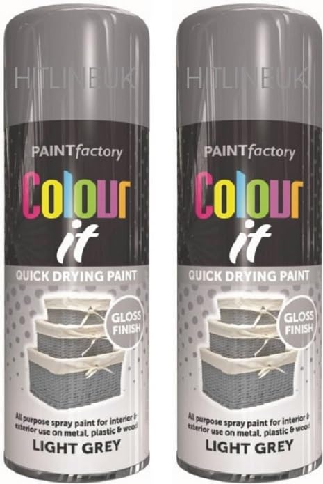 HitlineUK 2 X 400ML LIGHT GREY GLOSS PAINT AEROSOL SPRAY CAN QUICK DRYING PLASTIC METAL WOOD COLOUR IT