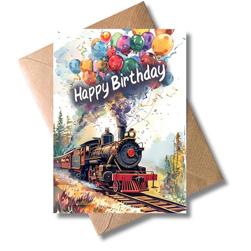 WBdesignz Geburtstagskarte für Eisenbahn-Fans mit Umschlag - Dampflok Ballons Glückwunschkarte farbenfrohe Eisenbahn Kinder Jungs Zug-Motiv verspielt (DIN A6)