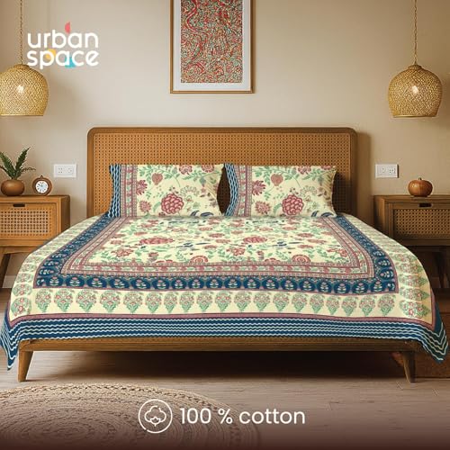 Image of Urban Space 100% Cotton Jaipuri Handblock Premium Printed King Size Bedsheet with 2 Pillow Covers, 240 TC Cotton King Bedsheet (108 x 108 Inches, Gulbagh Navy)